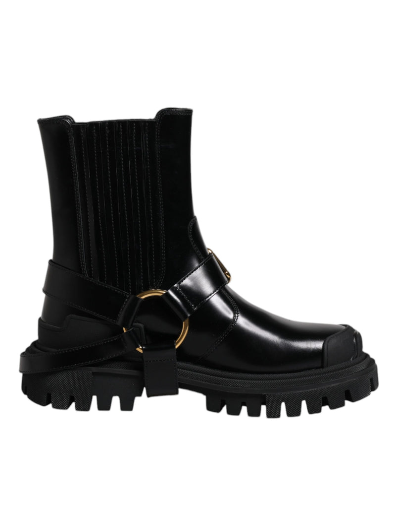 Black Leather Slip On Stretch Trekking Boots Shoes-Dolce & Gabbana-LabelTerrace.com