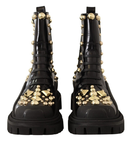 Black Leather Studded Combat Boots-Dolce & Gabbana-LabelTerrace.com