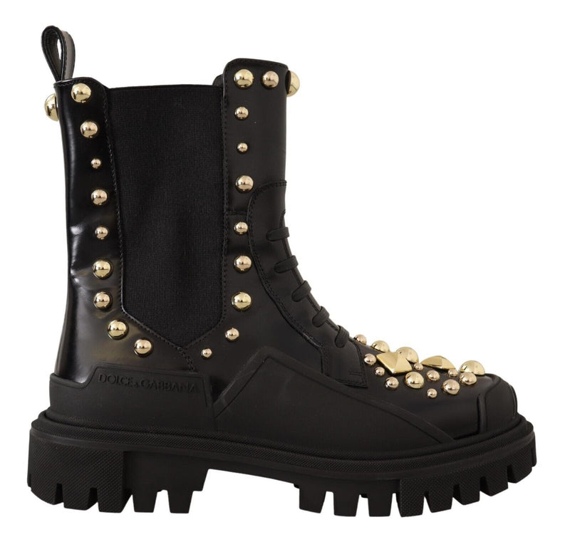 Black Leather Studded Combat Boots-Dolce & Gabbana-LabelTerrace.com