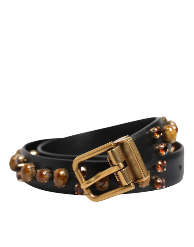 Black Leather Studded Gold Tone Buckle Belt-Dolce & Gabbana-LabelTerrace.com