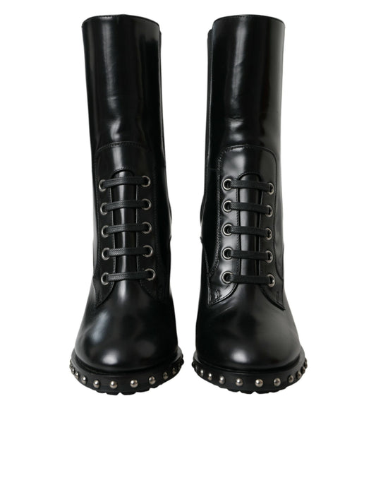 Black Leather Studded Lace Up Boots Shoes-Dolce & Gabbana-LabelTerrace.com