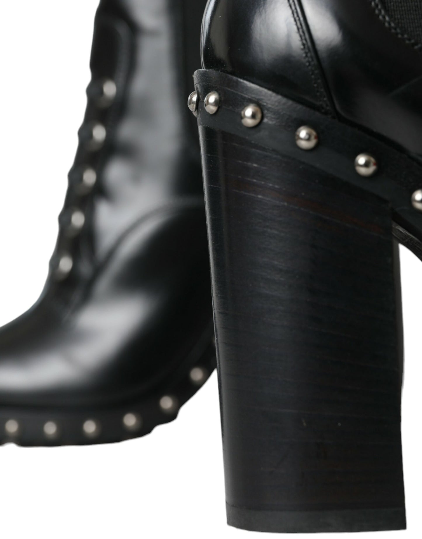 Black Leather Studded Lace Up Boots Shoes-Dolce & Gabbana-LabelTerrace.com