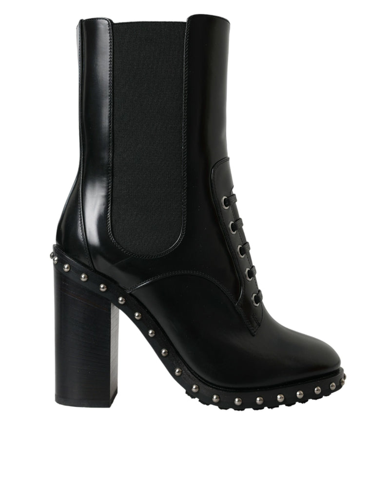 Black Leather Studded Lace Up Boots Shoes-Dolce & Gabbana-LabelTerrace.com