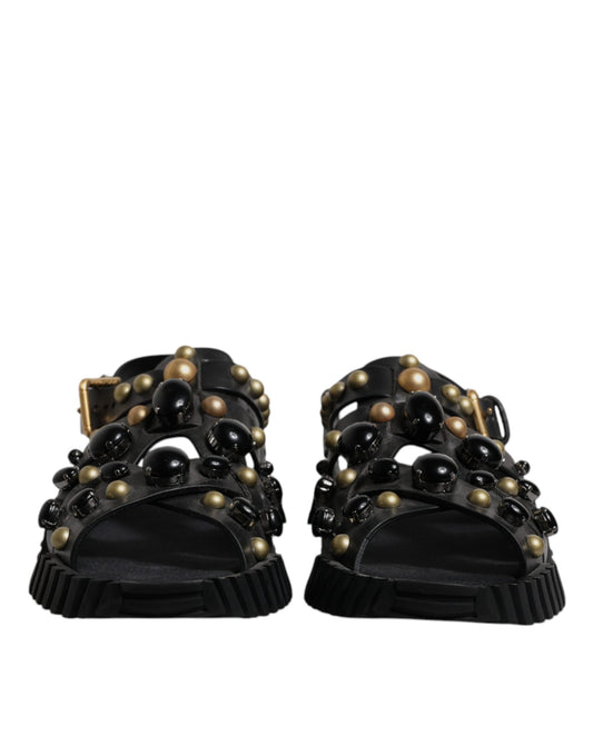 Black Leather Studded Slides Sandals Shoes-Dolce & Gabbana-LabelTerrace.com