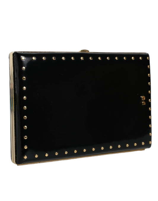 Black Leather Studs Gold Frame Clutch Evening Purse Bag-Dolce & Gabbana-LabelTerrace.com