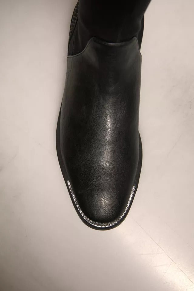 Black Leather Suede Flats High Boots Shoes-MY TWIN-LabelTerrace.com