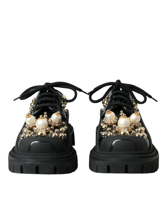 Black Leather Trekking Derby Embellished Shoes-Dolce & Gabbana-LabelTerrace.com