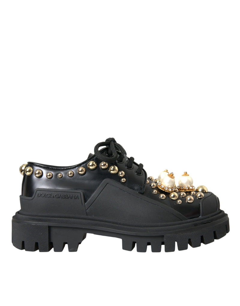 Black Leather Trekking Derby Embellished Shoes-Dolce & Gabbana-LabelTerrace.com