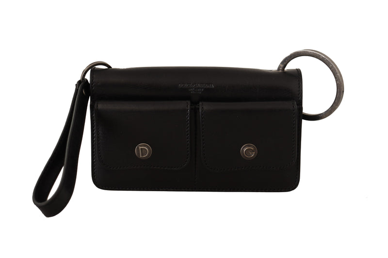 Black Leather Wristlet Mini Bag Card Bill Wallet-Dolce & Gabbana-LabelTerrace.com