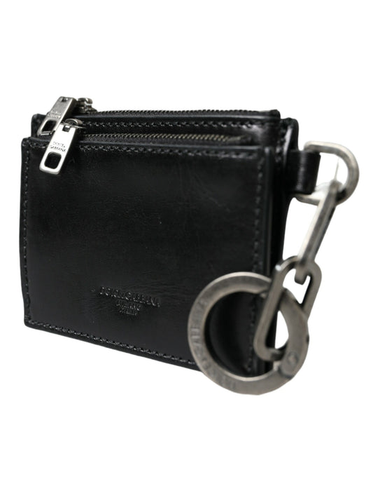Black Leather Zip Logo Keyring Coin Purse Keyring Wallet-Dolce & Gabbana-LabelTerrace.com