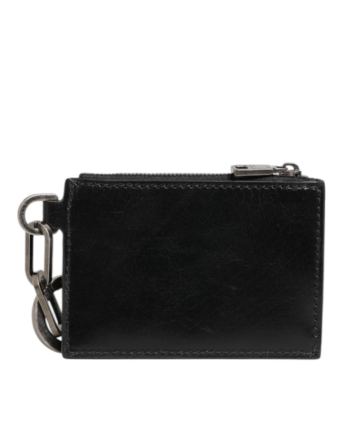 Black Leather Zipped Card Holder Coin Purse Keyring Wallet-Dolce & Gabbana-LabelTerrace.com