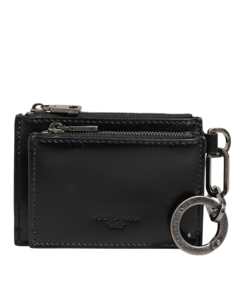 Black Leather Zipped Card Holder Coin Purse Keyring Wallet-Dolce & Gabbana-LabelTerrace.com