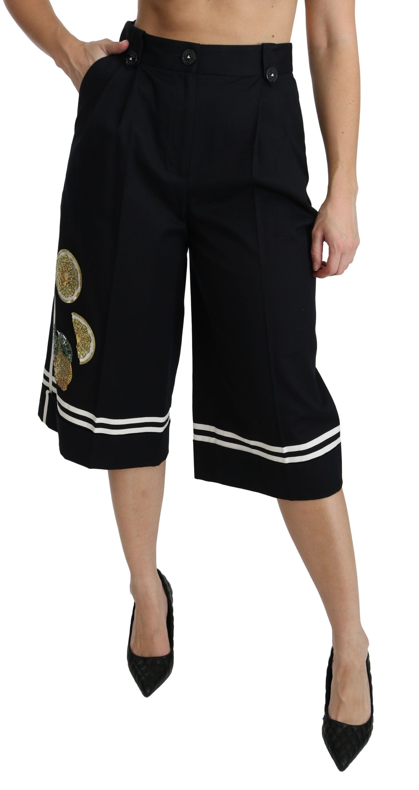 Black Lemon Embellished Palazzo Cropped Pants-Dolce & Gabbana-LabelTerrace.com