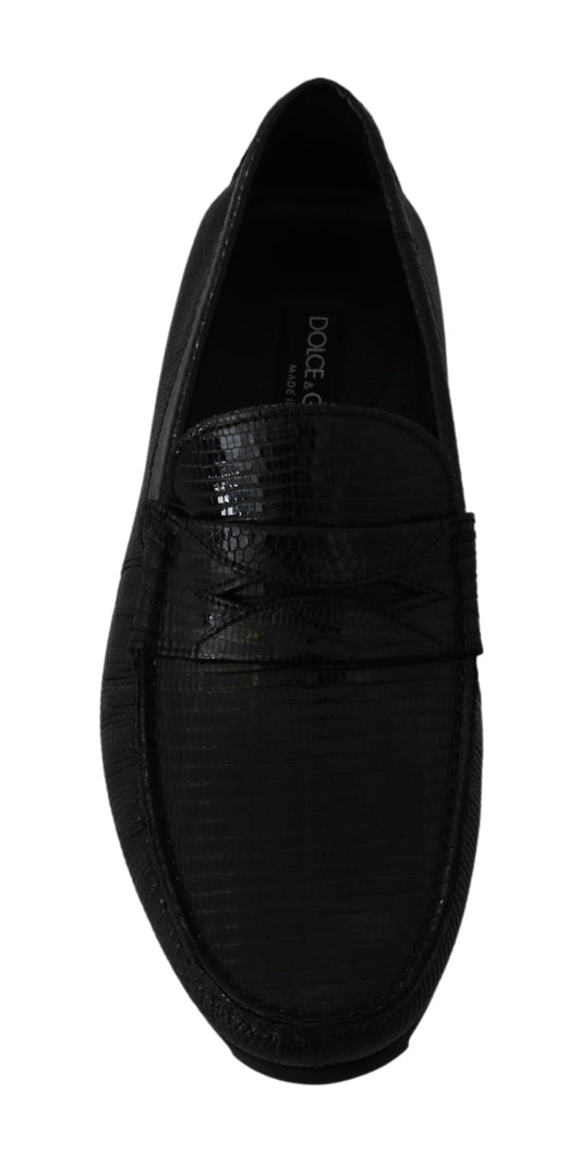 Black Lizard Leather Flat Loafers Shoes-Dolce & Gabbana-LabelTerrace.com