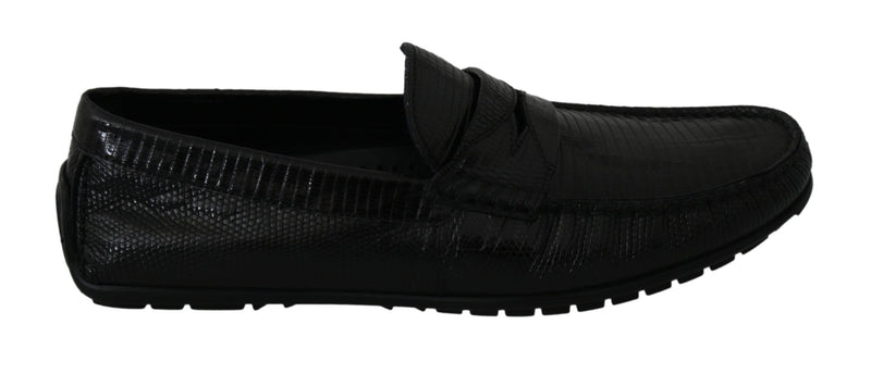 Black Lizard Leather Flat Loafers Shoes-Dolce & Gabbana-LabelTerrace.com