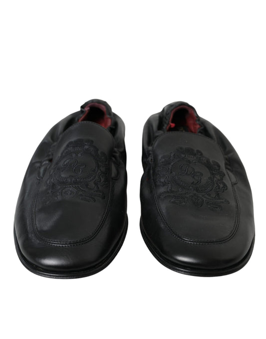 Black Logo Embroidered Leather Loafer Men Dress Shoes-Dolce & Gabbana-LabelTerrace.com