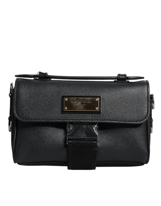 Black Logo Plaque Leather Buckled Shoulder Crossbody Bag-Dolce & Gabbana-LabelTerrace.com