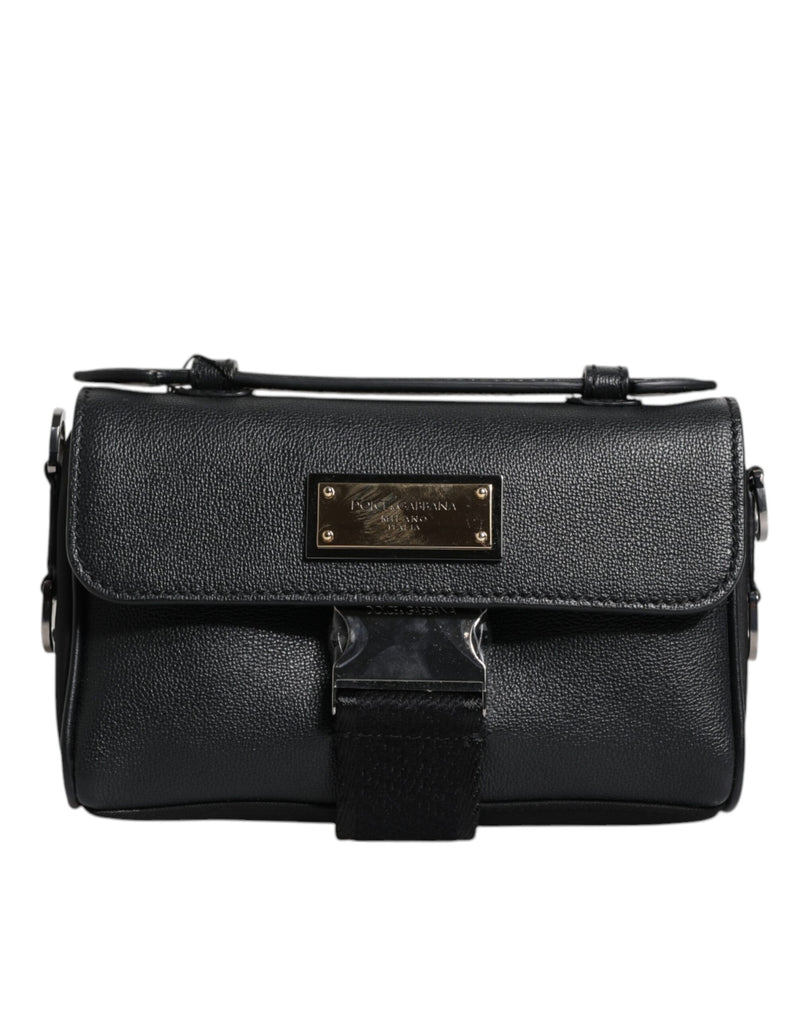 Black Logo Plaque Leather Buckled Shoulder Crossbody Bag-Dolce & Gabbana-LabelTerrace.com