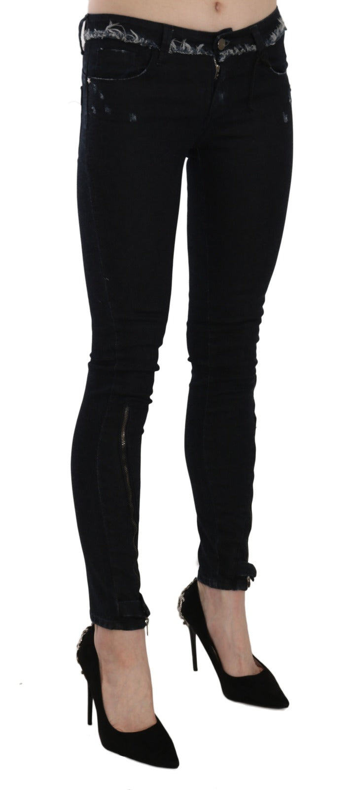 Black Low Waist Zipper Leg Skinny Denim Jeans