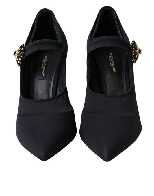Black Mary Jane Jersey Crystal Pumps Shoes-Dolce & Gabbana-LabelTerrace.com