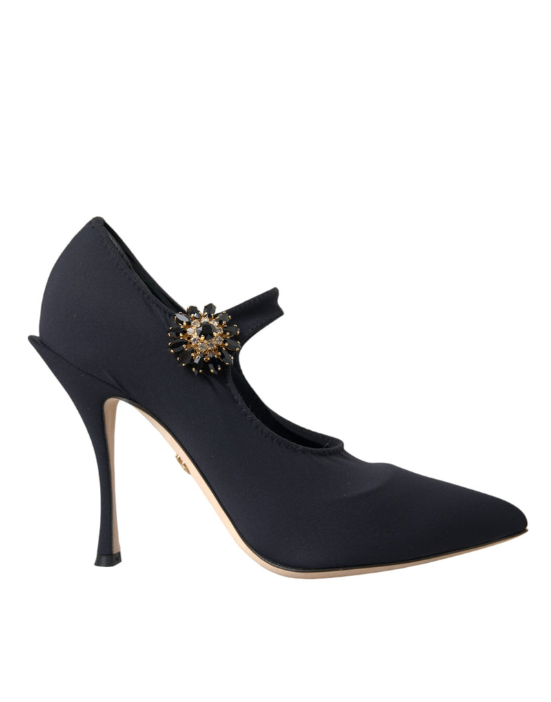 Black Mary Jane Jersey Crystal Pumps Shoes-Dolce & Gabbana-LabelTerrace.com