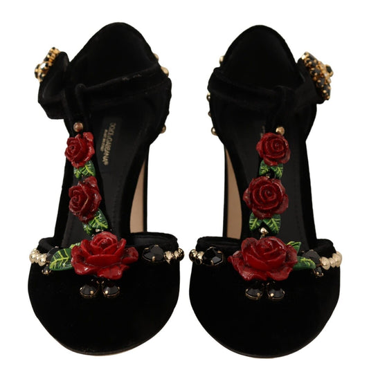Black Mary Jane Pumps Roses Crystals Shoes-Dolce & Gabbana-LabelTerrace.com
