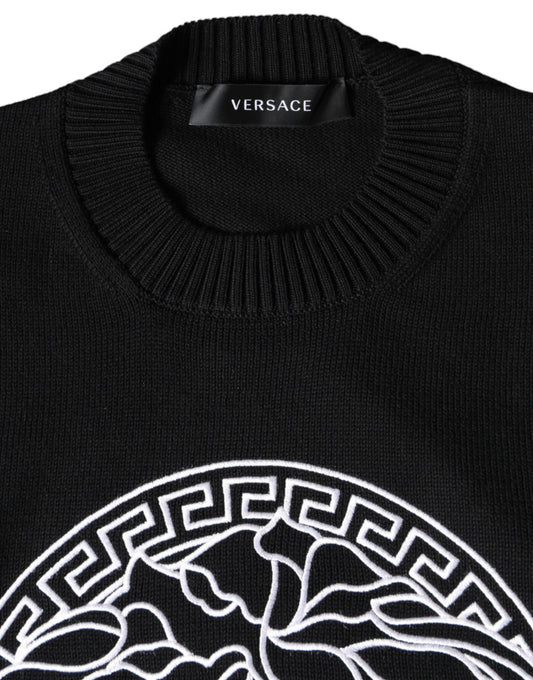 Black Medusa Embroidery Crew Neck Pullover Sweater-Versace-LabelTerrace.com