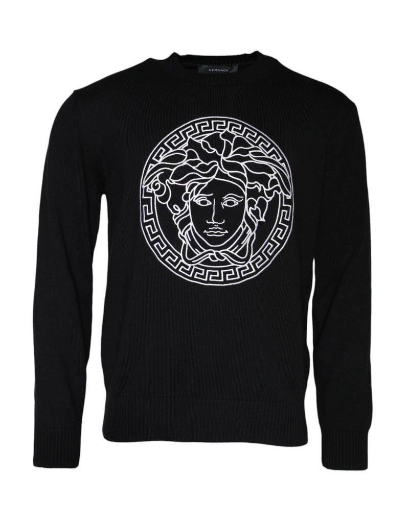 Black Medusa Embroidery Crew Neck Pullover Sweater-Versace-LabelTerrace.com