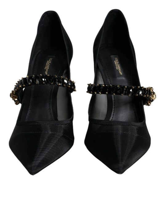 Black Mesh Mary Jane Crystal Heel Pumps Shoes-Dolce & Gabbana-LabelTerrace.com
