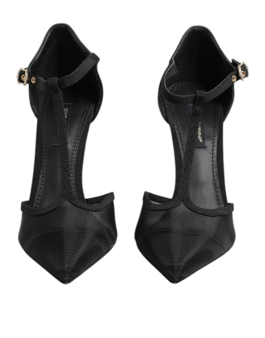 Black Mesh T-strap Stiletto High Heels Shoes-Dolce & Gabbana-LabelTerrace.com