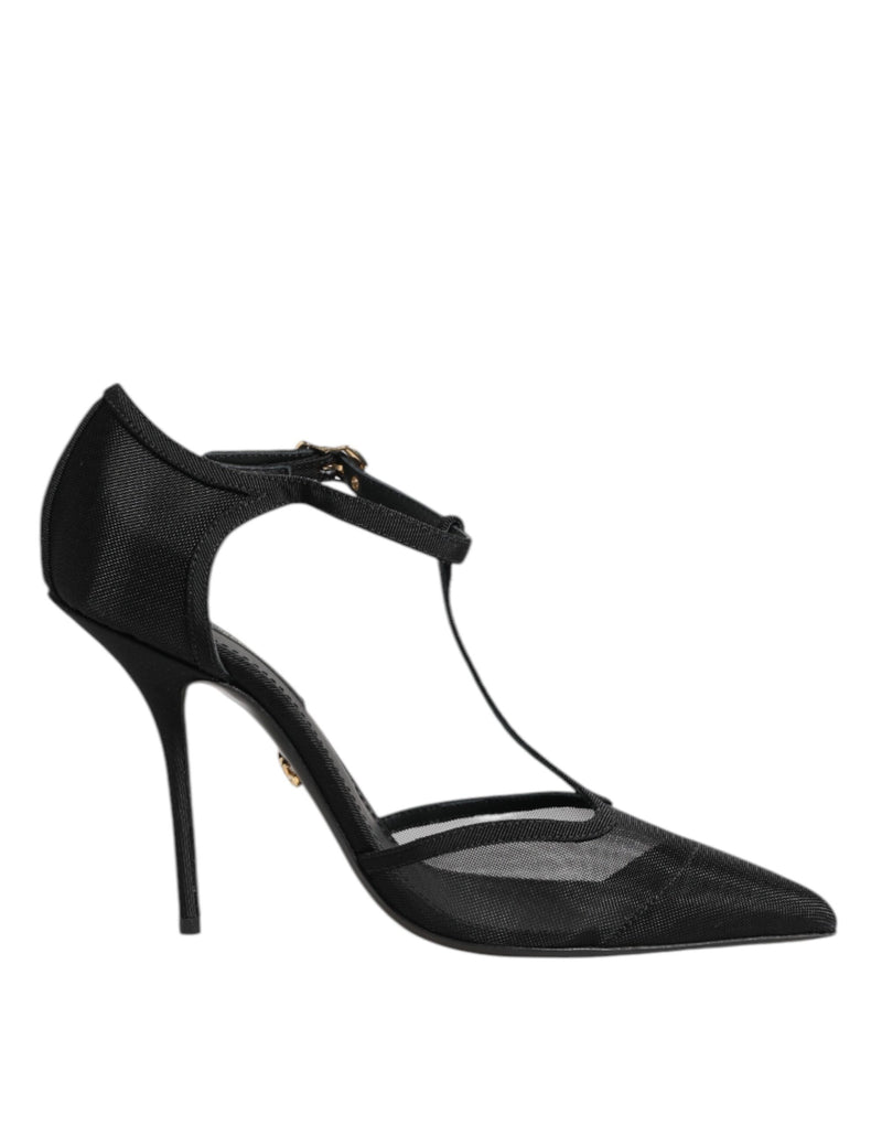 Black Mesh T-strap Stiletto High Heels Shoes-Dolce & Gabbana-LabelTerrace.com