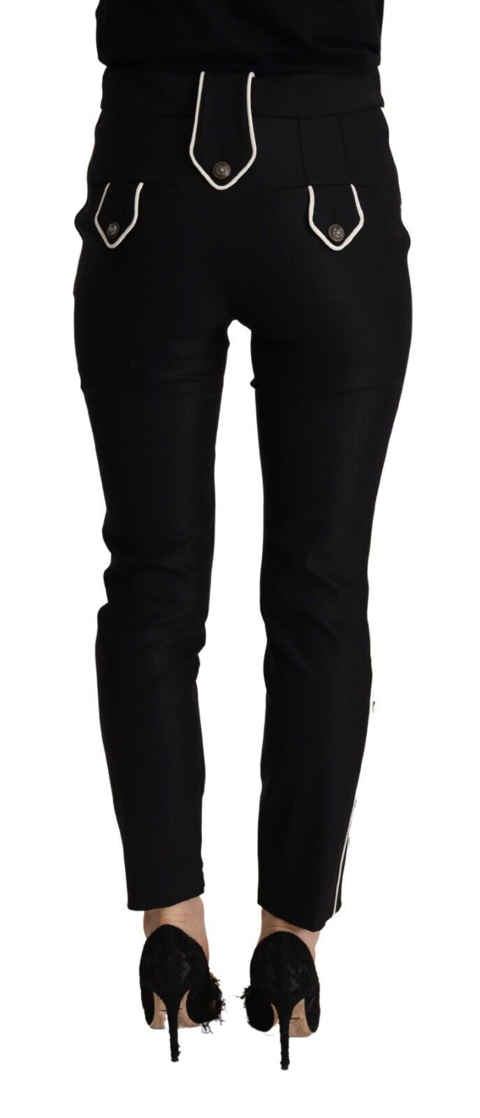 Black Mid Waist Button Embellished Slim Fit Pants-Dolce & Gabbana-LabelTerrace.com