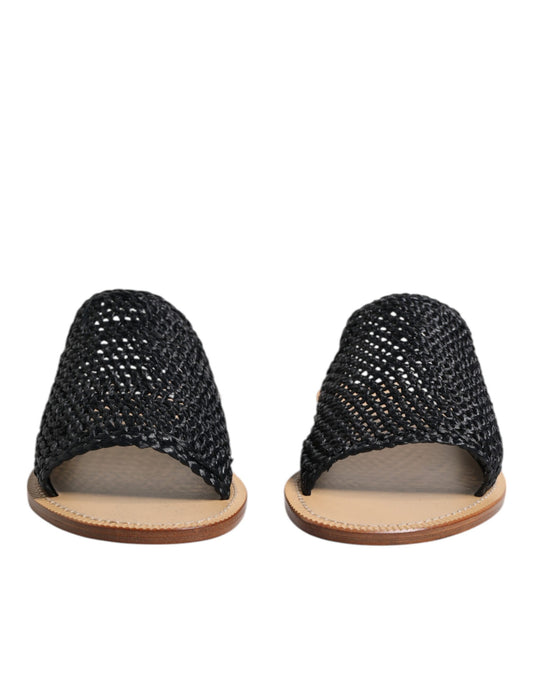 Black Monochrome Braided Raffia Slides Shoes-Dolce & Gabbana-LabelTerrace.com