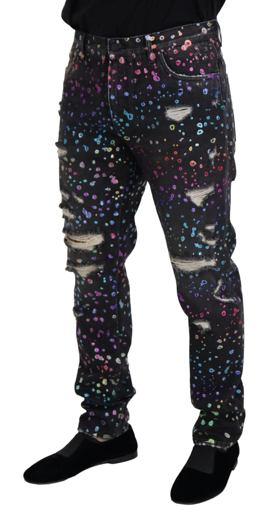 Black Multicolor Print Tattered Denim Jeans-Dolce & Gabbana-LabelTerrace.com