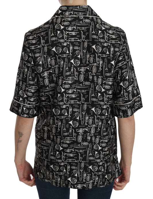 Black Musical Instrument Print Silk Top-Dolce & Gabbana-LabelTerrace.com