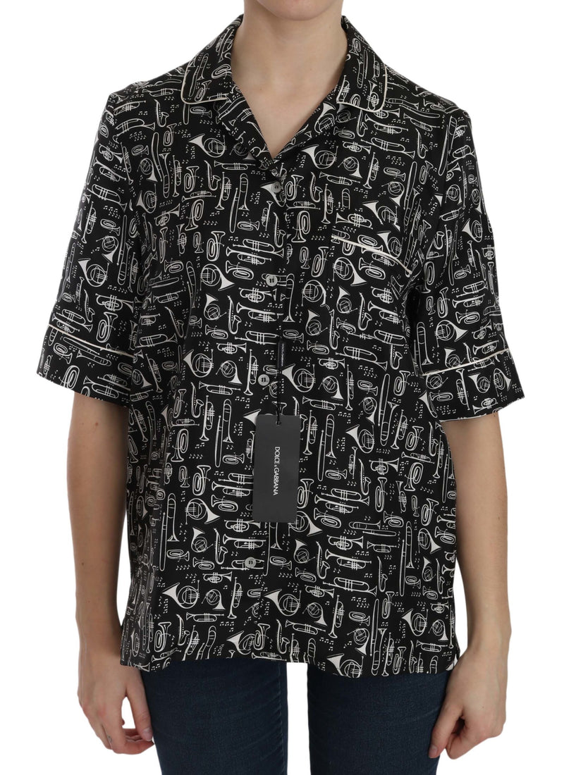 Black Musical Instrument Print Silk Top-Dolce & Gabbana-LabelTerrace.com