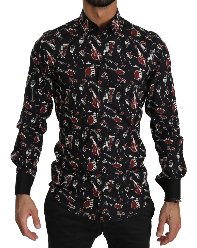 Black Musical Instrument Slim fit Shirt-Dolce & Gabbana-LabelTerrace.com