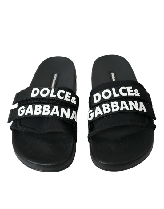 Black Neoprene Slides Flats Beachwear Shoes-Dolce & Gabbana-LabelTerrace.com