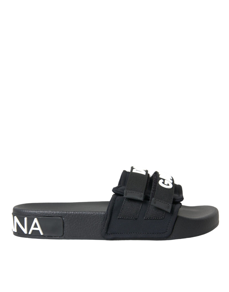 Black Neoprene Slides Flats Beachwear Shoes-Dolce & Gabbana-LabelTerrace.com