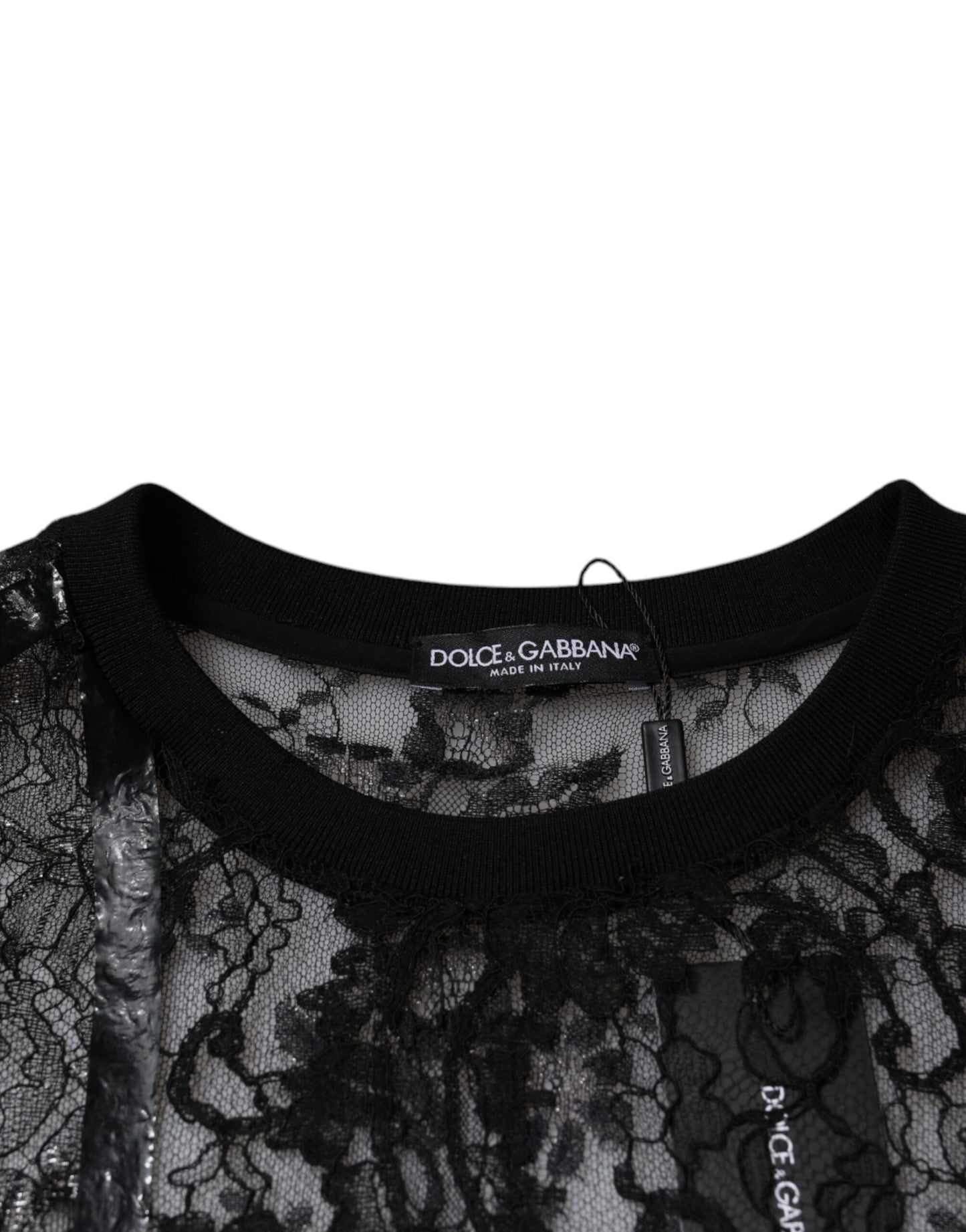Black Nylon Floral Lace Crew Neck T-shirt-Dolce & Gabbana-LabelTerrace.com