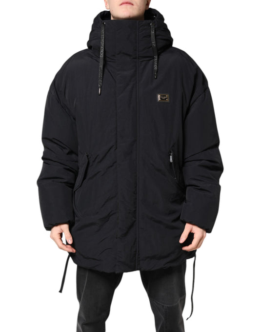 Black Nylon Full Zip Hooded Parka Jacket-Dolce & Gabbana-LabelTerrace.com