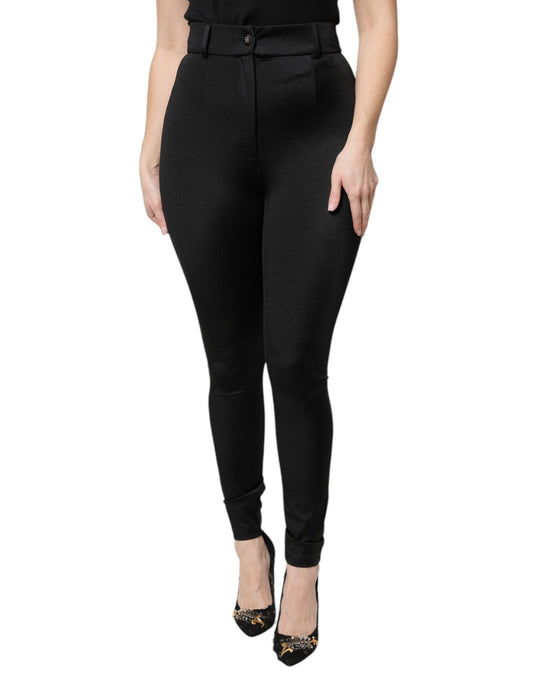 Black Nylon High Waist Slim Fit Pants-Dolce & Gabbana-LabelTerrace.com