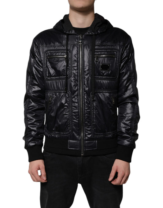 Black Nylon Hooded Full Zip Blouson Jacket-Dolce & Gabbana-LabelTerrace.com