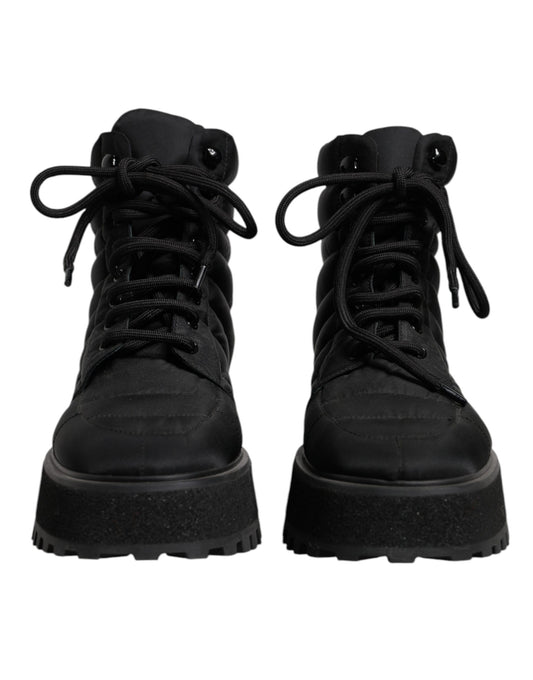 Black Padded Mid Calf Lace Up Boots Shoes-Dolce & Gabbana-LabelTerrace.com
