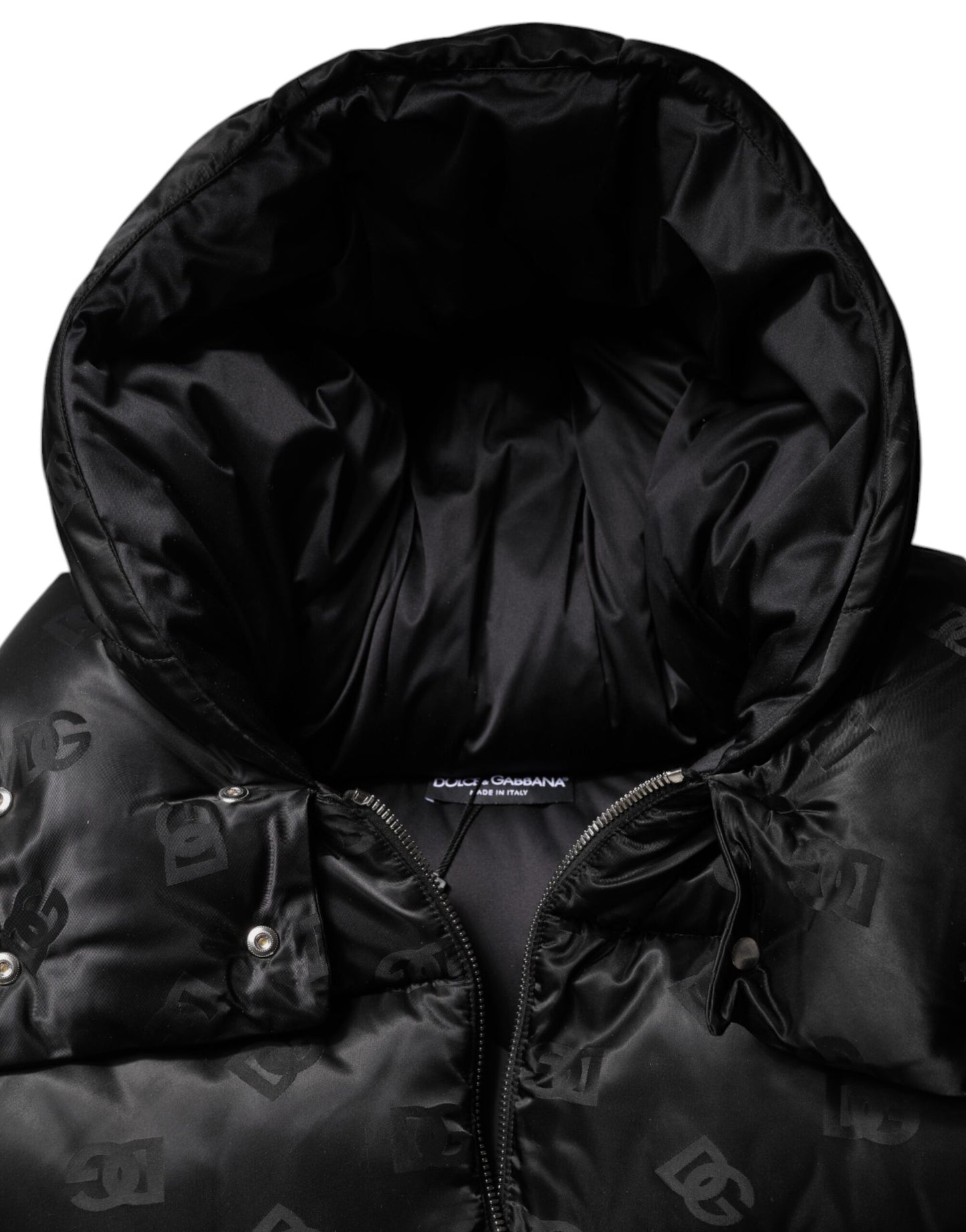 Black Padded Puffer Hooded Full Zip Cropped Jacket-Dolce & Gabbana-LabelTerrace.com