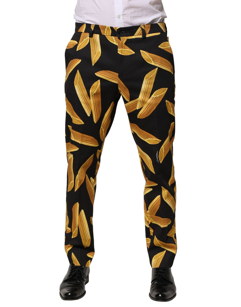 Black Pasta Print Tapered Men Pants-Dolce & Gabbana-LabelTerrace.com