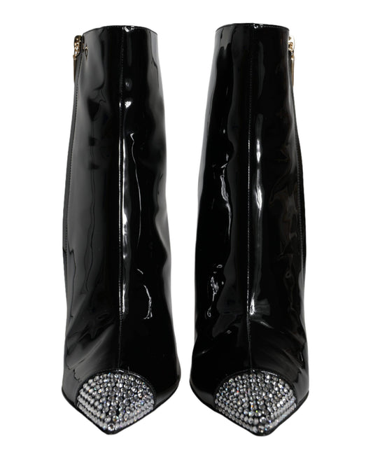 Black Patent Leather Crystal Heel Boots Shoes-Dolce & Gabbana-LabelTerrace.com