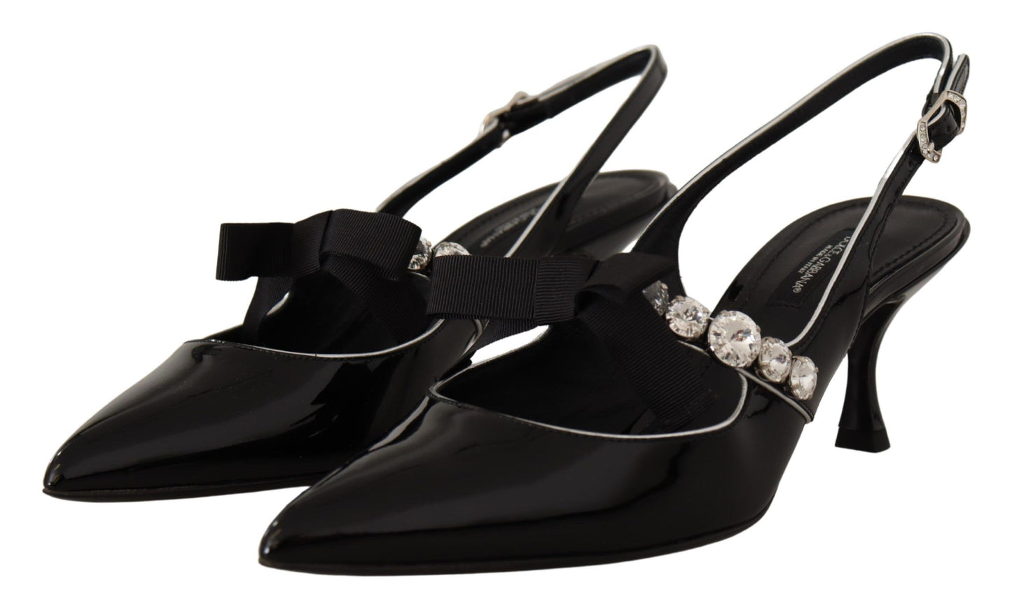Black Patent Leather Crystal Slingbacks Shoes-Dolce & Gabbana-LabelTerrace.com