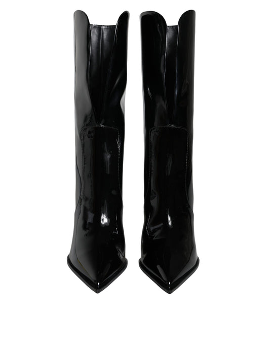 Black Patent Leather Mid Calf Boots Shoes-Dolce & Gabbana-LabelTerrace.com