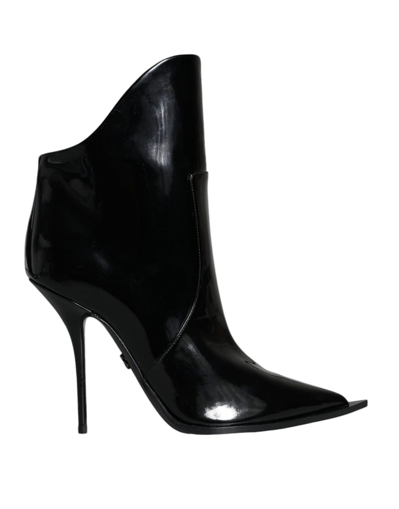 Black Patent Leather Pointed Ankle Boots Shoes-Dolce & Gabbana-LabelTerrace.com